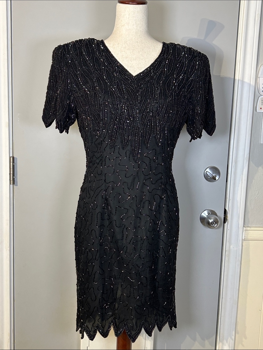 Vintage Silky Nites 100% Silk Beaded Cocktail Dress Black Sequin Size 10